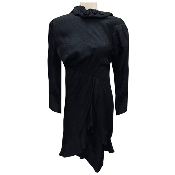 BALENCIAGA BLACK 2020 RUFFLED LONG SLEEVED ASYMMETRIC SATIN DRESS - Picture 1 of 5